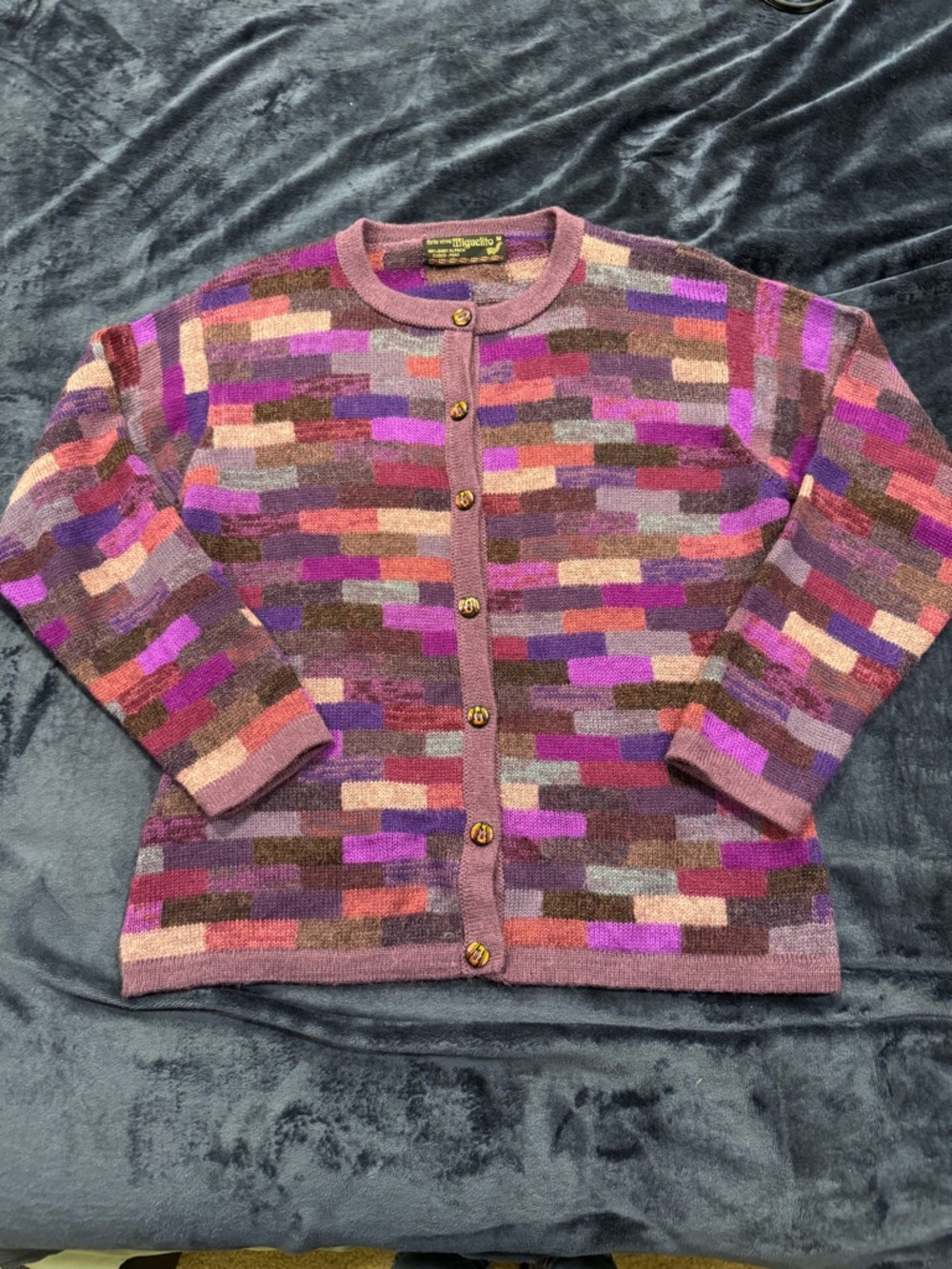 Vintage Alpaca Multicolor Block Button-Up Cardigan in Pink, Purple & Earth Tones